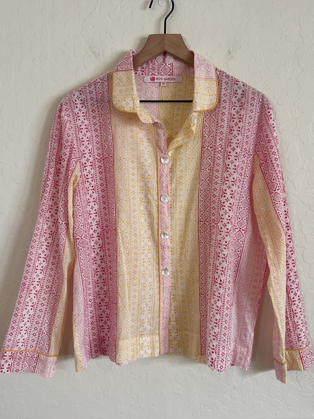 Ro’s Garden Lightweight Cotton Block Print Long Sleeve Button Down Shirt XS Boho